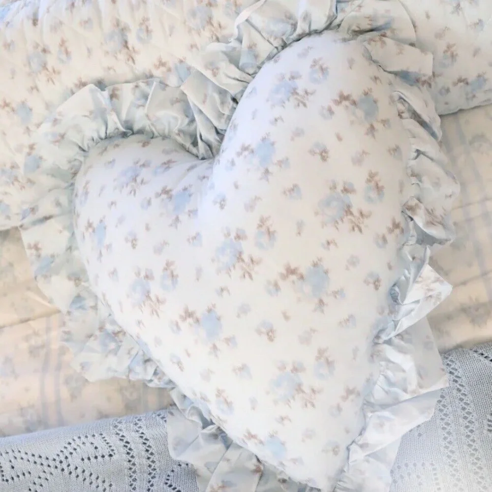 LoveShackFancy Heart Ruffle Pillow in Pale Blue Floral